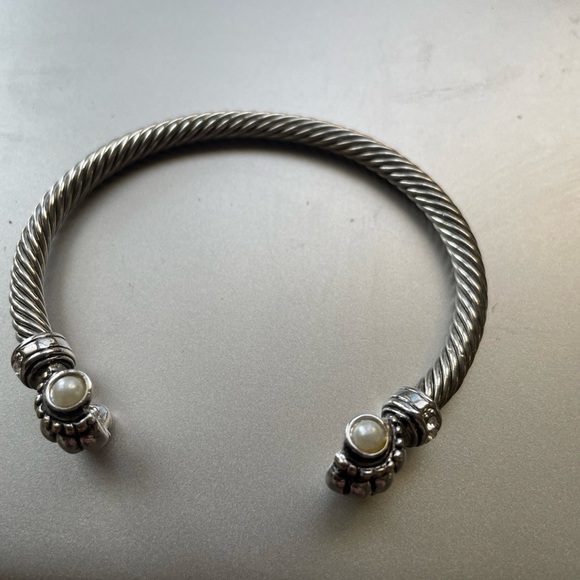 Twisted Cable Cuff Faux Pearl Bracelet Silver Tone, Rhinestones / Faux Pearls - Picture 7 of 10